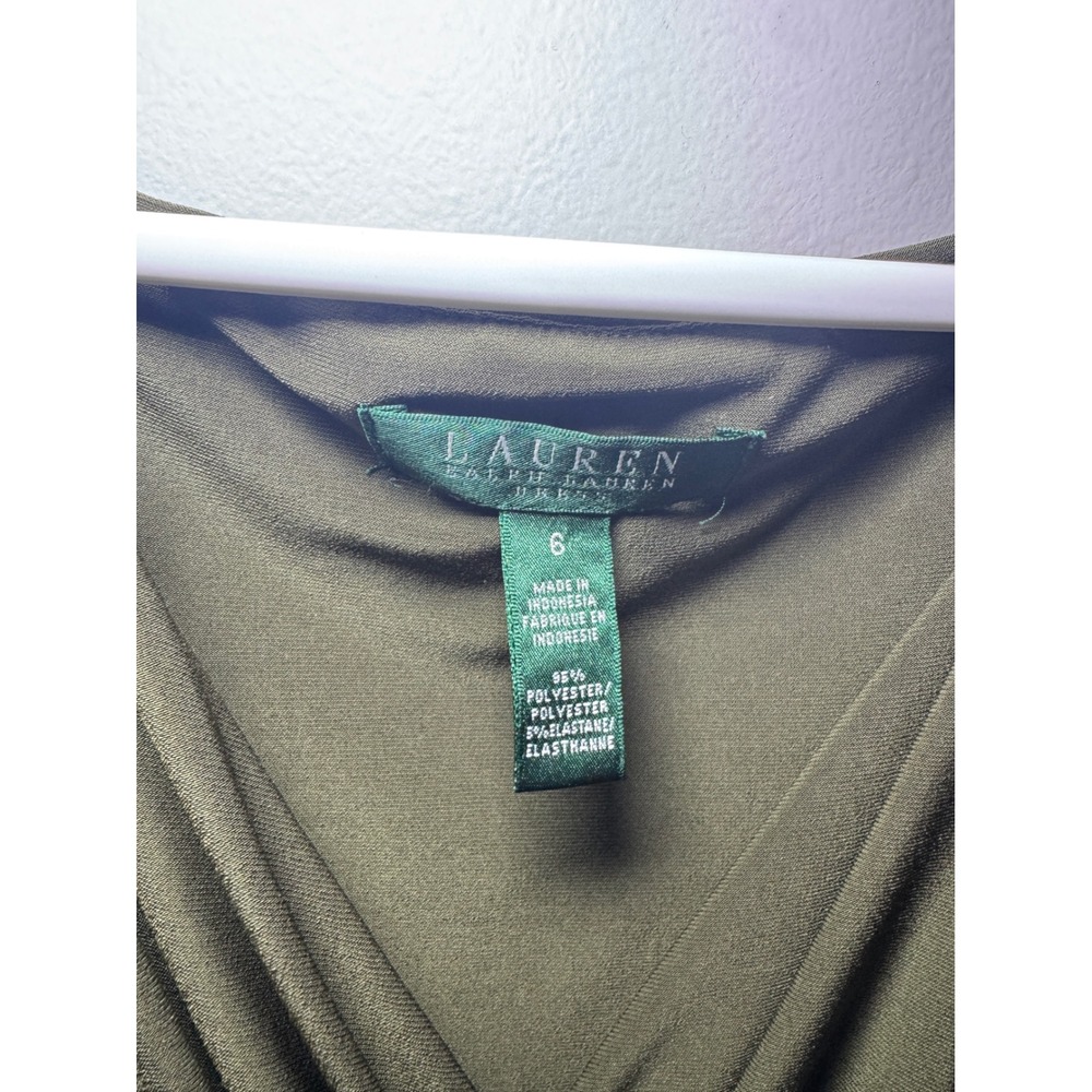 Lauren Ralph Lauren Olive Green Ruched V-Neck Sleeveless Sheath Dress Womens 6 - Picture 4 of 5